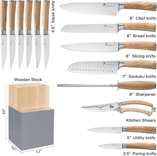 Natura Series 15 PCS Knife Block Set, Ultra Sharp High Carbon Stainless Steel with Wooden Handle
