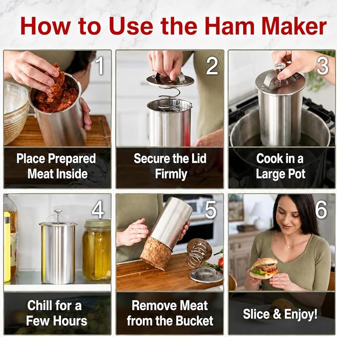 304 Stainless Steel Ham Maker with Thermometer, Lunch Meat Press Mold for Homemade Cold Cuts, Rolled Meat, 2 LB Capacity