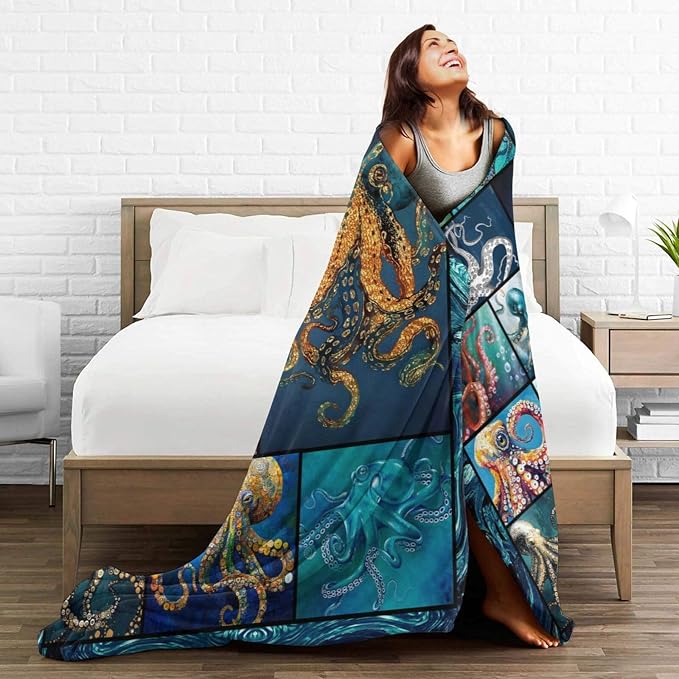 Ocean Octopus Blanket Soft Octopus Flannel Fleece Blanket Cozy Warm Nautical Octopus Stuff Decor Bedding Plush Throw Blanket Octopus Gifts for Lovers Girls Boys Kids Women Adults Bed Travel 50"x60"