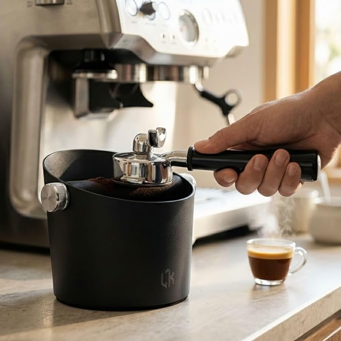 Espresso Knock Box β Coffee Knock Box Stainless Steel, 23-Puck Large Capacity Coffee Puck Knock Box with Non-Slip Base & Quiet Bar for Espresso Machine, Black