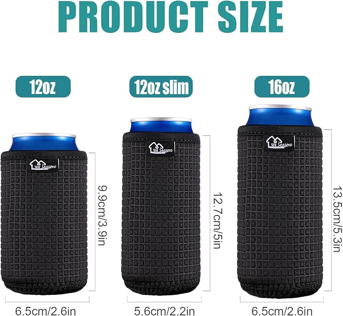 WKieason Non-slip Neoprene Can Sleeves Insulators Sleeves 3 Size - 12OZ Standard Can Sleeve, 12OZ Slim Can Sleeve, 16OZ Standard Can Sleeve, 12OZ Standard Beer Can Coolers Coolier Sleeves(Black Set)
