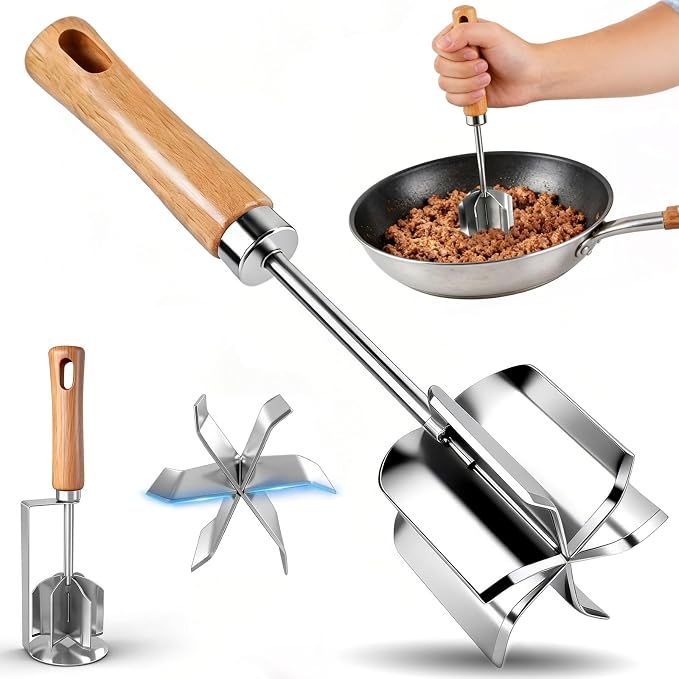 304 Stainless Steel Meat Chopper & Masher - Heavy Duty 6 Curve Blades Ground Beef Chopper Tool Potato Masher Hamburger Smasher Tool