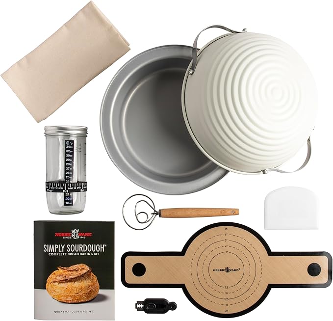 Nordic Ware Simply Sourdough™ Complete Bread Baking Kit BAKING PAN INCLUDED, Dual use Banneton lid, 22pg Guide book w/Recipes, Danish Whisk, Starter Jar, Cutter, Lifting Mat, Scraper, Cotton Liner