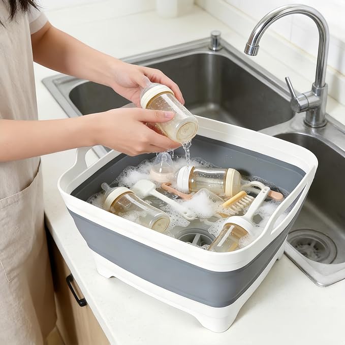 FOSJGO Collapsible Dish Basin with Drain Plug, Foldable Sink, 2.4 Gal (9L) | Space-Saving Wash Basin for Kitchen, Baby Bottles, Vegetable Washing, Camping, RV and Party Beverage Tubs
