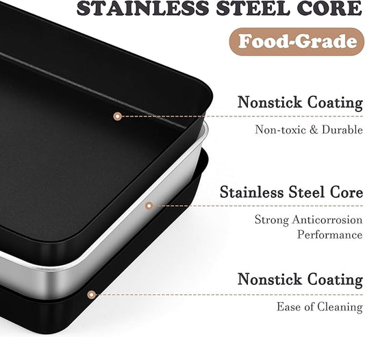 E-far 12.5 x 9.7 Inch Baking Pan with Lid, Nonstick Stainless Steel Rectangle Cake Pan with Cover for Baking Brownies Casseroles Lasagna, Stainless Steel Core & Nonstick Coating, Non-toxic & Oven Safe