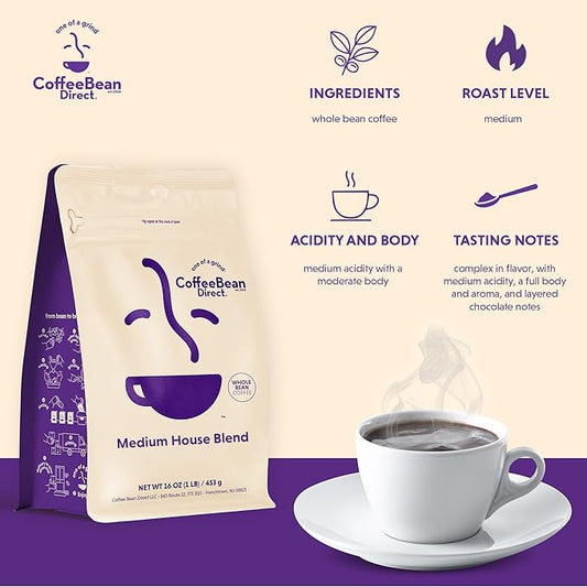 Coffee Bean Direct Medium House Blend, Whole Bean Coffee, Medium Roast, 1 Pound Bag (Pack of 1)