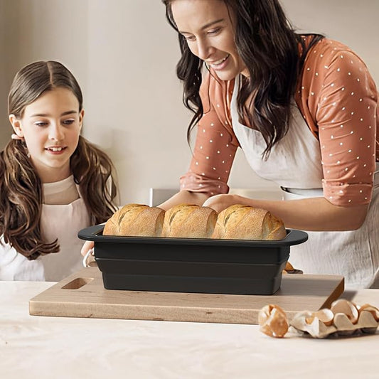 Foldable Silicone Loaf Pan with Metal Reinforced Rim Support - Nonstick Silicone Baking Mold for Homemade Loaf, Bread and Meatloaf - (9"x4"x2.5", Black, 1 Piece)