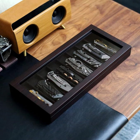 Knife Display Case Organizer storage 8 pocket knives, Folding Knife Holder with Real Glass Window Top, Pocket knife collection box for men gift (Ebony Veneer 8 slot)