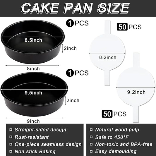 Round Cake Pans Set of 2, Non-stick Baking Cake Pan with 100 Pieces Parchment Paper, Dishwasher Safe Cake Baking Pans (8+9 Inch)
