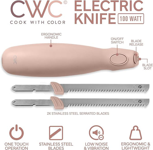 COOK WITH COLOR Electric Knife, 100W Power, Dual Stainless Steel Blades for Precise Cutting, Ergonomic Handle, Low Noise and Vibration, Ideal for Bread, Meat, and Vegetables, Blush