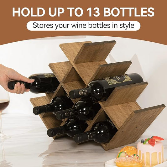 KIRIGEN Wood Wine Rack, 13-Bottle 4-Tier Countertop Holder, Brown 4-DBR | 22.28 x 5.9 x 13.9 In, Freestanding Wooden Rack Stores 13 Wine Bottles for Counters, Cabinets, Pantry Shelves, and Home Bars