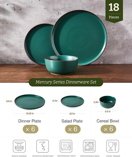 Famiware Mercury Plates and Bowls Sets, 18 Pieces Stoneware Dinnerware Sets, Dishes Set for 6, Microwave and Dishwasher Safe, Dark Green