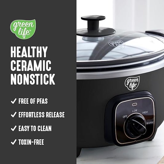 GreenLife 3.5QT Slow Cooker, Non-Toxic PFAS-Free Ceramic Nonstick Removable Interior Bowl, Programmable, Keep Warm, Stovetop & Oven Safe, Dishwasher Safe Parts, Glass Lid, Black