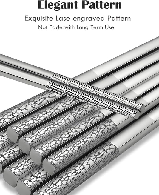 Metal Chopsticks Reusable 5 Pairs,18/8 Stainless Steel Gift set,Broken Ice | Dishwasher Safe,Non-Slip Grip,Good for Beginners,Come in a Gift Box,SUS304 Resistant to Rust,Square,Chop Sticks Silver,9.25''