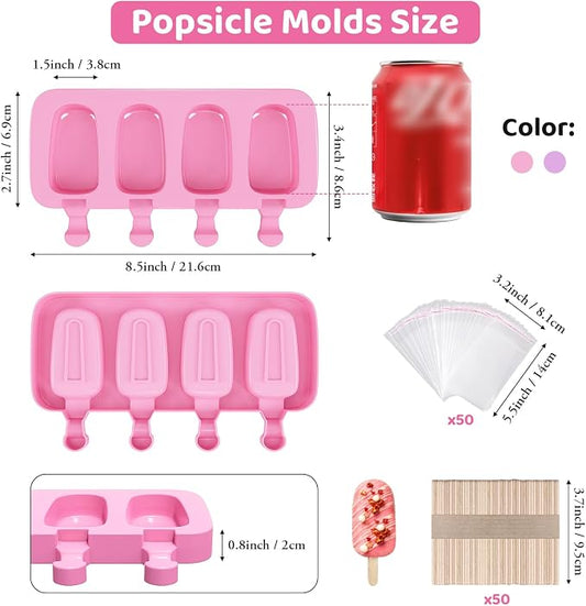 Ouddy Life Popsicle Molds Set of 2, Ice Pop Molds Silicone 4 Cavities Ice Cream Oval Cake Pop Mold with 50 Wooden Sticks for DIY Popsicle, Purple Pink