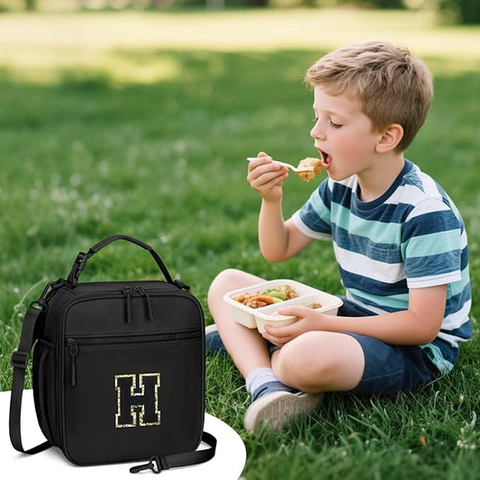 Initial Insulated Lunch Bag for Boys Kids, Back to School Gift, Reusable Leak-proof Lunch Box with Adjustable Strap for School Daycare Travel Picnic(Black,H)