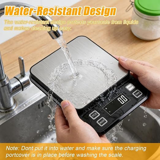 Waterproof Kitchen Scale, 5kg/11lb Food Scale Precisely Measures Grams and Ounces for Baking and Cooking, Stainless Stee Digital Scale with LCD Display Backlight for Food