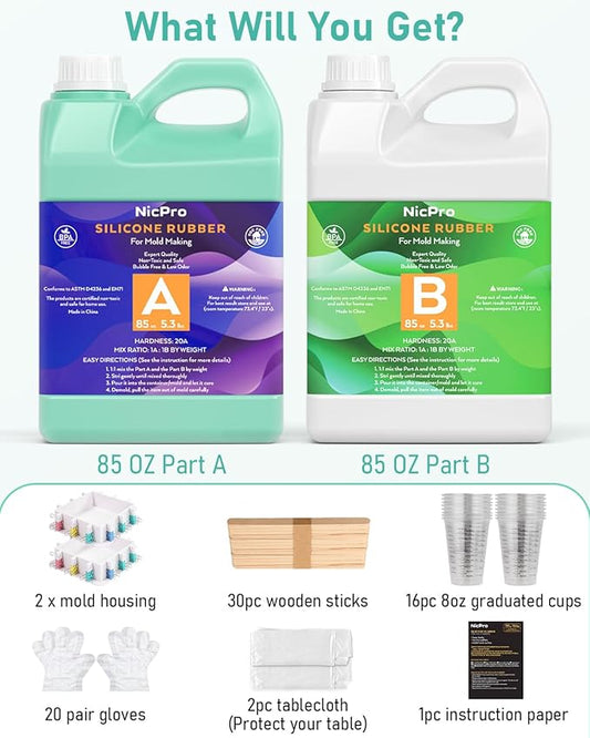 Nicpro 170oz Silicone Mold Making Kit, 20A Platinum Liquid Silicone Rubber, Jade Green Flexible, Silicone Molds Maker Mix Ratio 1:1 for Casting 3D Resins Molds DIY with 2PCS Molds Housing, Mixing Cups
