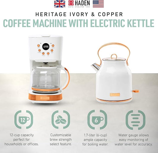 HADEN Coffee Machine, 12 Cup Drip Coffee Maker Bundled with Heritage 1.7 Liter Stainless Steel Electric Kettle, Ivory & Copper