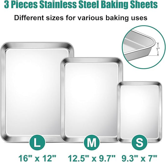 TeamFar Baking Sheet Set of 3, 16/12.5/9.3 Inch Stainless Steel Cookie Sheets Baking Pans, Metal Oven Baking Tray for Cooking Roasting Serving, Non-Toxic & Mirror Finish & Dishwasher Safe