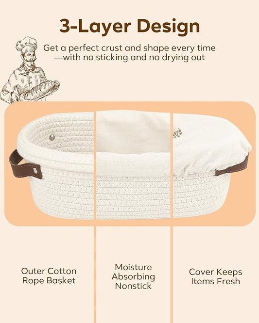 Feagar Banneton Bread Proofing Basket Set - 2 Pack Oval Cotton Rope Bread Basket with Liners, Covers & Proofing Cloth for Artisan Bread Baking, Sourdough Bread Baking Supplies