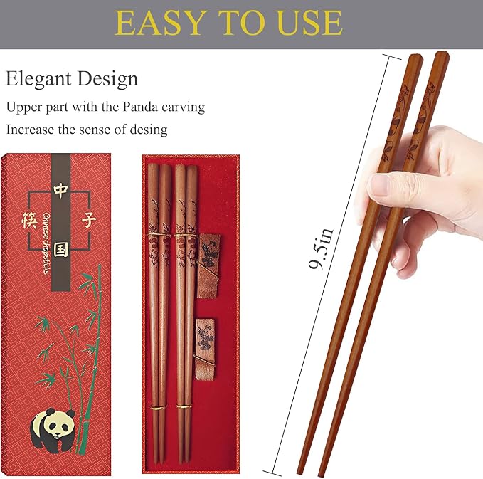 Natural Wooden Chopsticks Gift Set with Panda Holder, 2 Pairs | Reusable, Good Idea for Wedding, Gift Set for Anniversary, Gift Set for Birthday