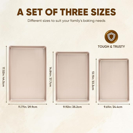 Nonstick Baking Sheet Pan Set of 3, Heavy Duty Cookie Sheets for Oven with Stripe Texture Pattern, 0.6mm Thick Quarter/Half/Jelly Roll Pans, Rust-Resistant & Easy Clean (Champagne Gold)