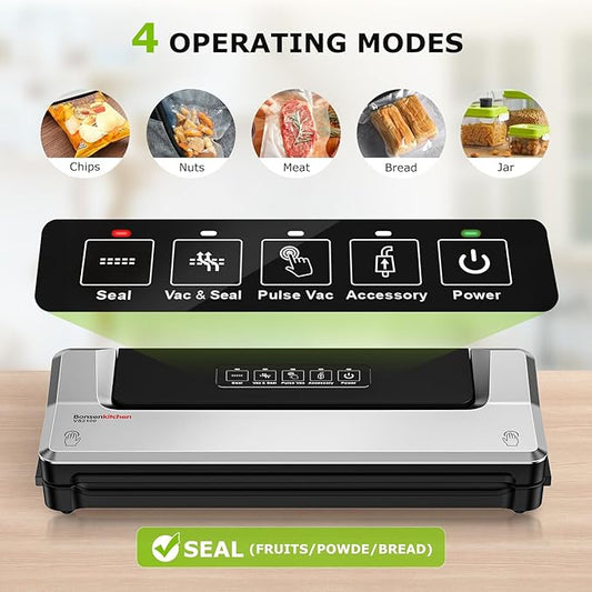 Bonsenkitchen Vacuum Sealer Machine, Precision-Compact 4-in-1 Food Sealer Machine, Multi-Functional Food Vacuum Sealer with & Accessory Hose, Bright Silver