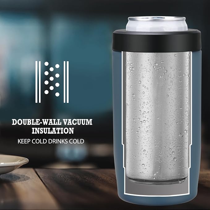 MAXSO Slim Can Cooler, 4-in-1 Double Walled Stainless Steel Insulated Beer Can Holder, Works With All 12 Oz Cans,Bottles & As A Pint Cups - Navy Blue