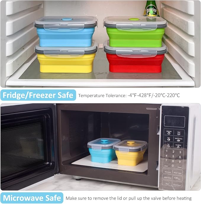 Collapsible Food Storage Containers with Airtight Lid, 16.9 oz, Small Kitchen Stacking Silicone Collapsible Meal Prep Container Set for Leftover, Microwave Freezer Dishwasher Safe, 4 Colors, Set of 4