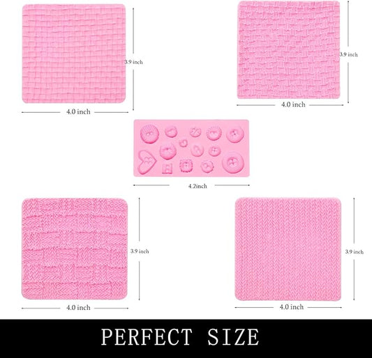 Fondant Impression Mats Molds, Knitting with Button Silicone Chocolate Molds (5 Packs), Sweater Design Knit Impress Texture Stamp Mat for Baby Shower, Birthday Cake Decorating Cupcakes Topper