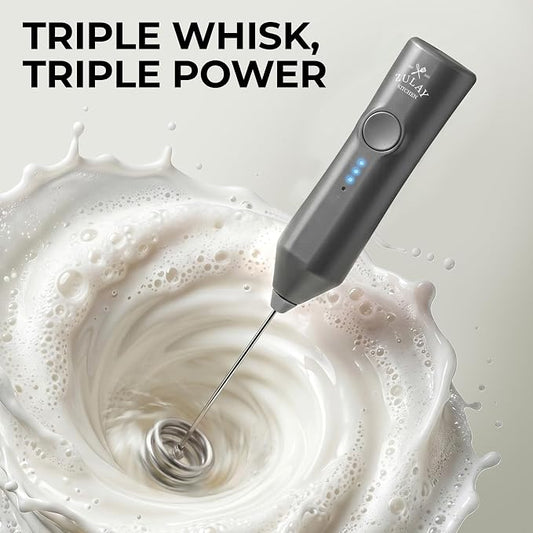 Zulay Kitchen Rechargeable Milk Frother Handheld - Frother Wand, Drink Mixer, Electric Whisk Frother, for Cappuccinos, Matcha & Protein Powder - Dynamic Triple Whisk, 3 Speed 500mAh Charcoal Gray
