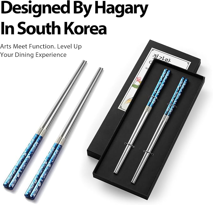 Hagary Carp Reusable Chopsticks Square Metal Stainless Steel 316 18/10 Non-Slip Dishwasher Safe Designed In Korea Japanese Style (Blue - 2 Pairs)
