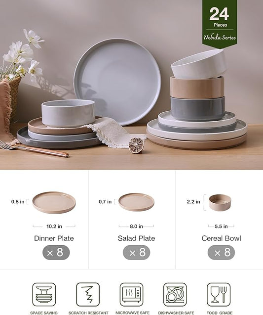 Famiware Nebula Plates and Bowls Set, 24 Pieces Dinnerware Sets, Dishes Set for 8, Multi-color