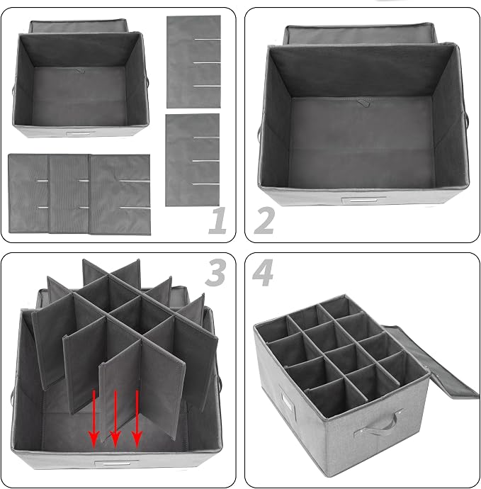 popoly Stemware Storage Cases, Wine Glass Storage Box Containers with Dividers, Stackable China Storage Containers for 12 Wine Glasses, Drinkware, Glassware or Crystal (Light Grey) | Stackable China Storage Containers for 12 Wine Glasses, Drinkware, Gl...