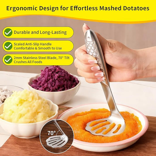 Fish-Shaped Potato Masher & Potato Smasher – Effortless Stainless Steel Potato Ricer with Ergonomic One-Piece Non-Slip Handle, Break-Resistant Masher Kitchen Tool for Potatoes, Avocados, Eggs & More