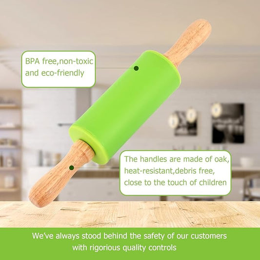 Mini Silicone Rolling Pin for Kids, Non-stick Surface Wood Handle, 9 Inch 12 Pack