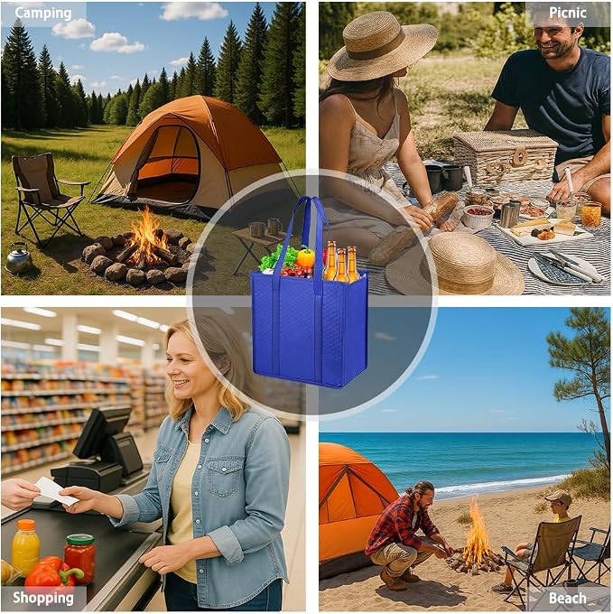 2-Pack 18L Blue Insulated Grocery Bags with Zipper | Reusable 3-Layer Insulated Cooler Bags, Foldable for Shopping, Camping & Beach Trips