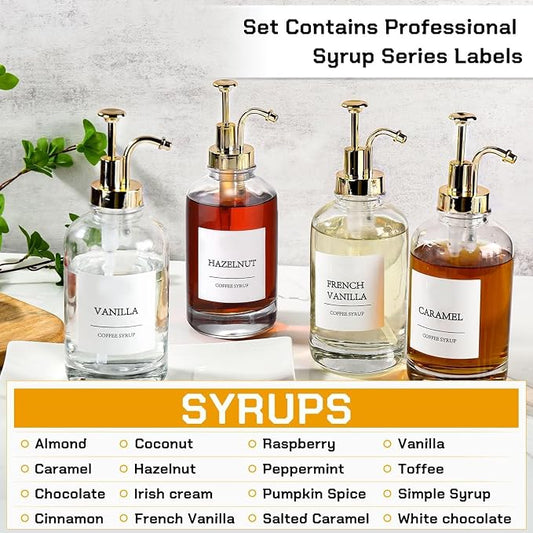 MHDCLY Coffee Bar Accessories, Coffee Syrup Dispenser - 4pack,16.9oz Syrup Dispenser with Labels,Syrup Pump Dispenser for Coffee Bar(Gold Pump)