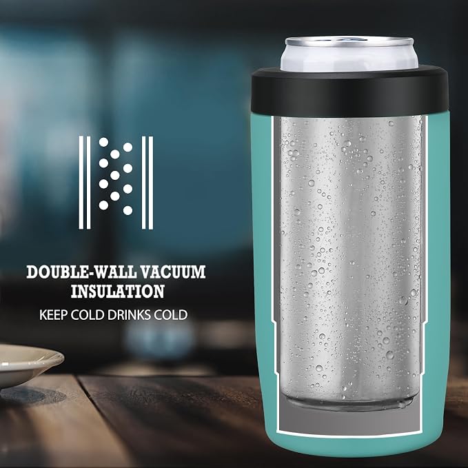 MAXSO Slim Can Cooler, 4-in-1 Double Walled Stainless Steel Insulated Beer Can Holder, Works With All 12 Oz Cans,Bottles & As A Pint Cups - Turquoise