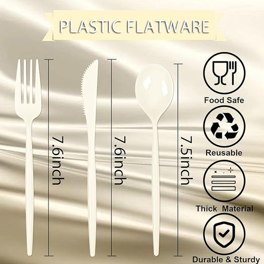 Supernal 180pcs Plastic Silverware Heavy Duty Ivory Plastic Utensils Cutlery Disposable Beige Plastic Cutlery Include 60 Plastic Forks,60 Plastic Knvies,60 Plastic Spoons for Party,Wedding