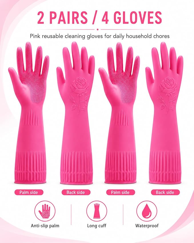 Disfore Rubber-Gloves Dishwashing Gloves for Cleaning-Kitchen - 2 Pairs Long Household Cleaning Gloves for Washing Dishes