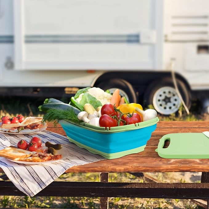 Gintan Camping Cutting Board, 9-in-1 Collapsible Chopping Board with Colander, Kitchen Vegetable Washing Basket for Camping, Camping Gifts Camping essentials for RV Campers (Blue Green)
