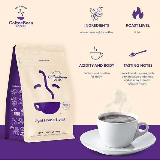 Coffee Bean Direct Light House Blend, Whole Bean Coffee, Light Roast, 1 Pound Bag (Pack of 1)