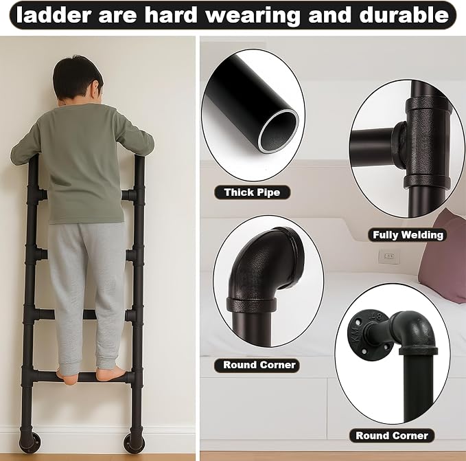 3/4/5/6/7/8FT Black Wall Mounted Steel Ladder, 5-Step Egress Ladder for Window Well, Loft, Bunk Bed, Camper, RV | Floor/Wall Mounted Indoor Safety Climb for Bedroom, Basement, Gym, Dorm & Small Spaces