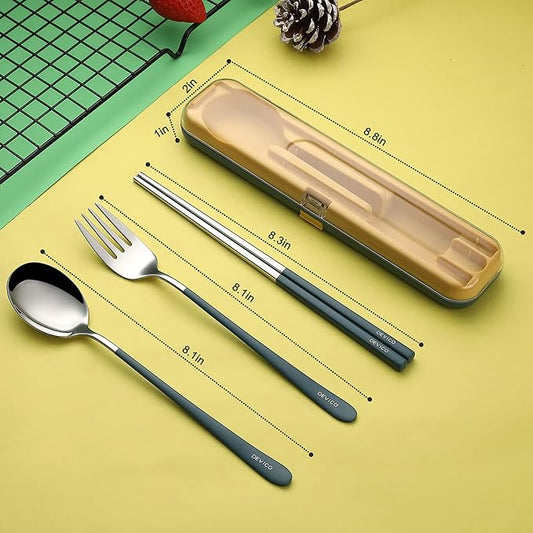 DEVICO Travel Utensils with Case, 18/8 Stainless Steel Silverware for Lunch | 4Pcs Portable Reusable Travel Cutlery Set, Korean Chopsticks Fork and Spoon Set for Camping/Picnic/Work/Gadgets/School, Blue