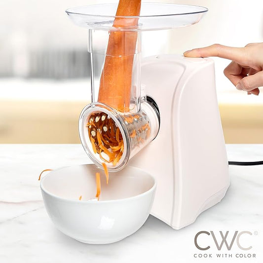 COOK WITH COLOR 5-in-1 Electric Slicer, 150W Food Prep Machine – Cheese Shredder, Fine & Coarse Graters, Potato Grater, Vegetable Slicer, Fruit, Salad Shooter, Compact Design for Bowl Prep, Cream