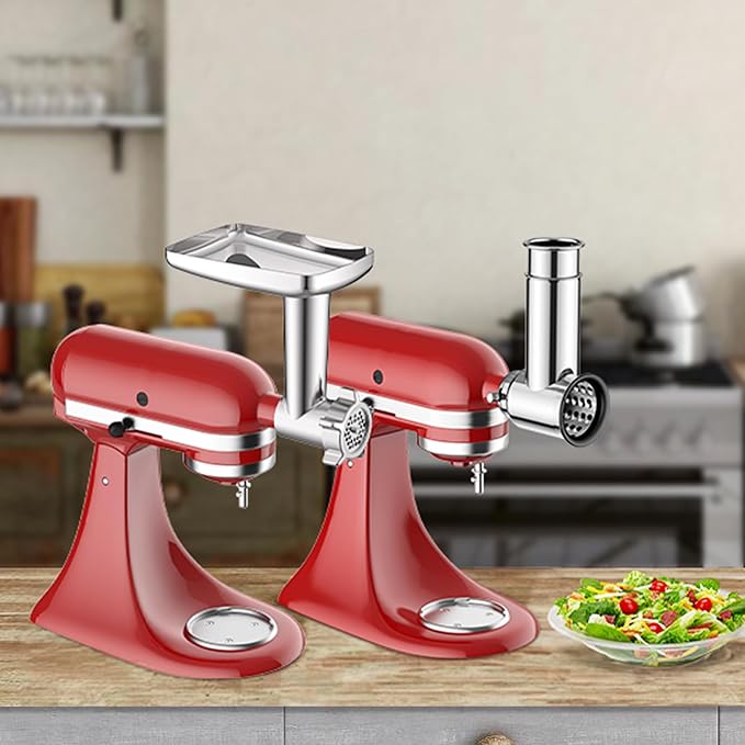 Meat Grinder & Stainless Steel Slicer Shredder Attachment for KitchenAid | Includes Metal Food Grinder Attachment with Sausage Stuffer Tubes and Salad Machine Accessory by InnoMoon