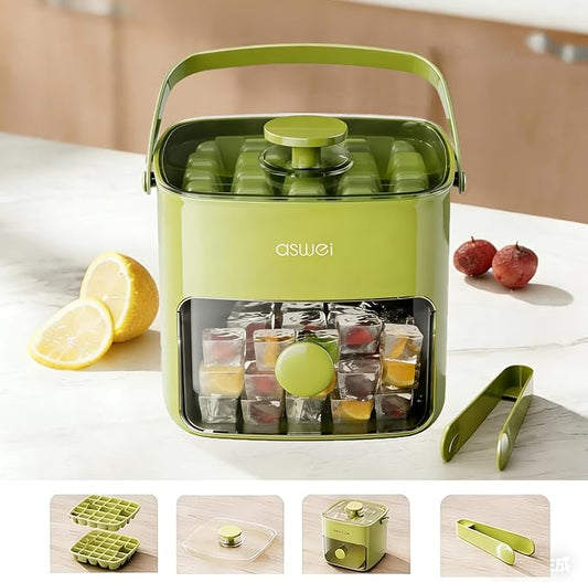 Ice Cube Maker, Ice Cube Tray with Lid and Bin, Portable Small Ice Maker, Handled Press-Type Ice Cube Trays for Freezer with Bucket Tongs for RV, Office, Mini Ice Cube Trays, BPA-Free (Green)
