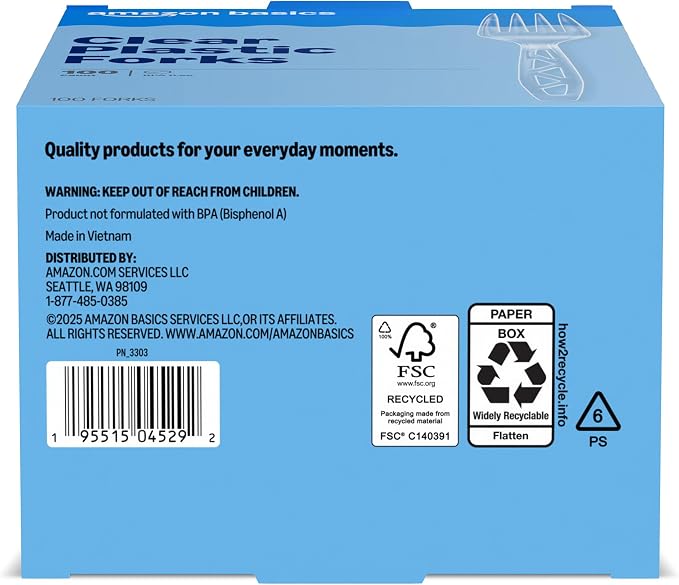 Amazon Basics Disposable Clear Plastic Forks, Premium Quality, 100 Count, Large Pack, Packaging May Vary